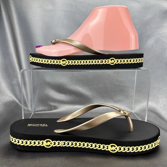 Michael Kors Women's 7 Logo Flip Flops Fashion Sandals Black/Gold RX24D MK Shoes - Picture 10 of 14